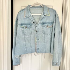 Women’s light denim Zamira jacket. Ragged edges. Colorful embroidery size large.